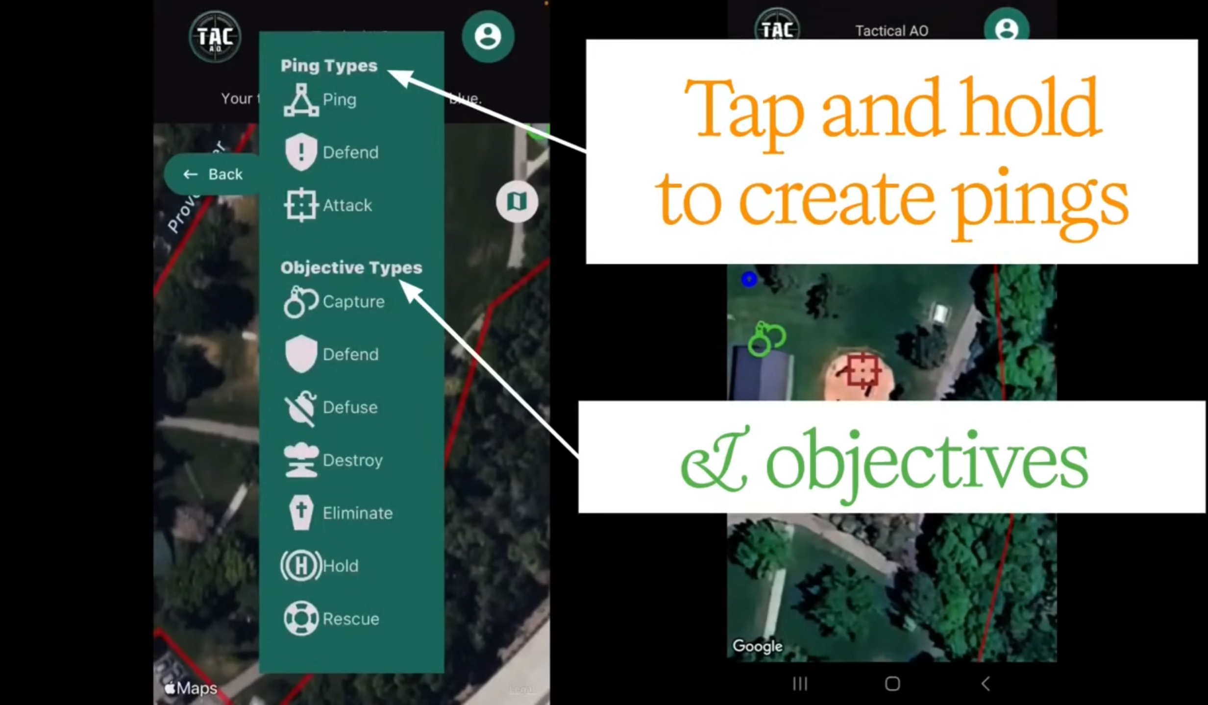 Tap and hold to choose a ping or objective type