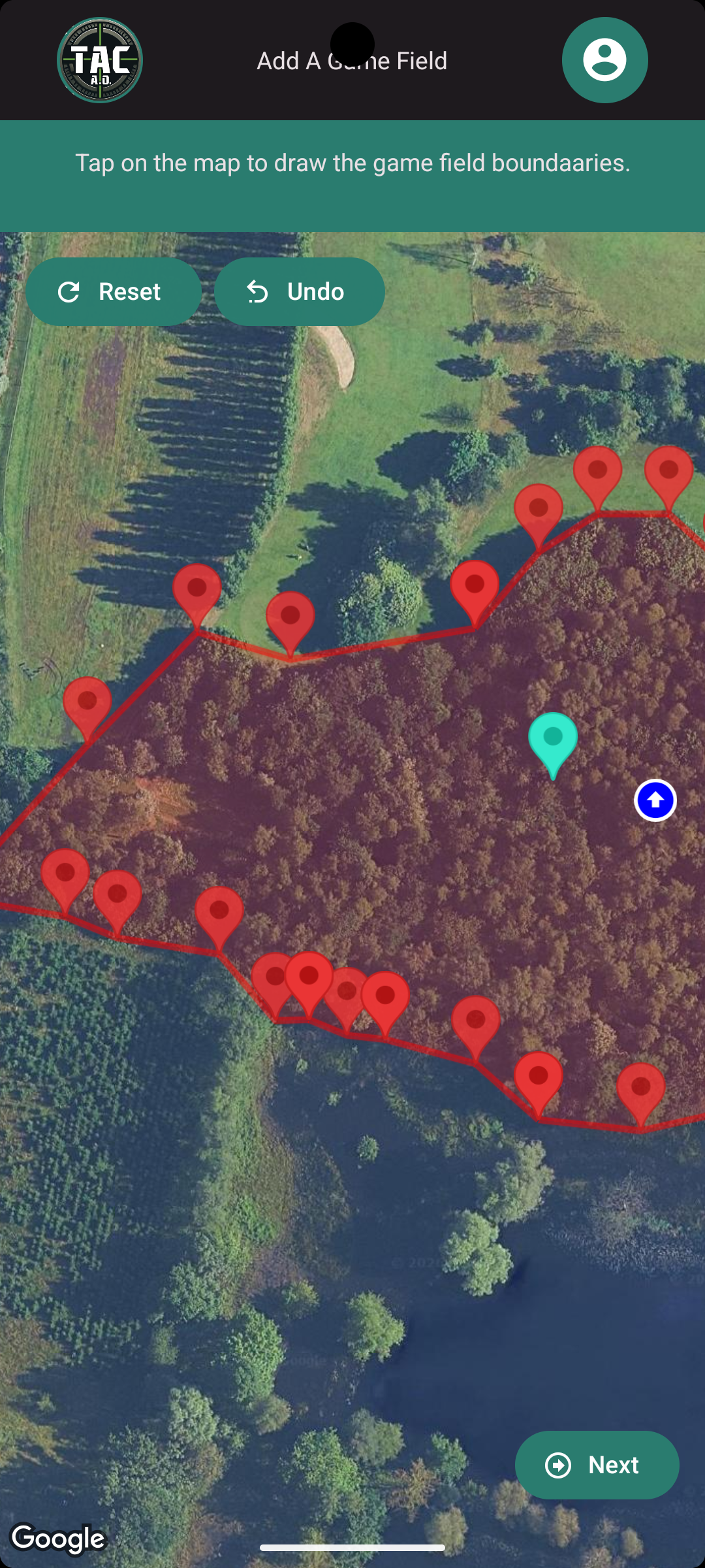 Drawing a game field boundary on a satellite map